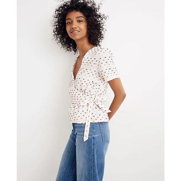 NEW Madewell Wrap Top Short Sleeve White Print Tie Waist Blouse - Picture 1 of 8